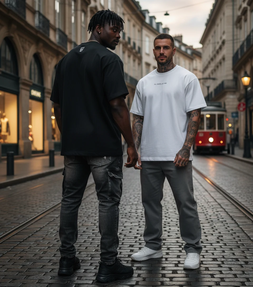 Zwei Models tragen schwarze und weiße fckbtchsgtmny Oversized T-Shirts